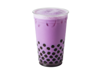 A refreshing Taro Milk Tea treat with chewy boba pearls on a dark background