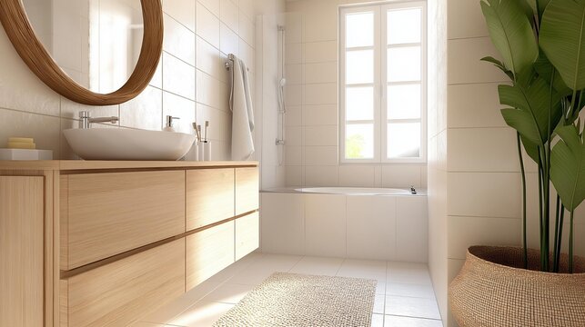 Modern bathroom with a minimalist design. the walls are covered in white tiles and the floor is made of light-colored tiles.