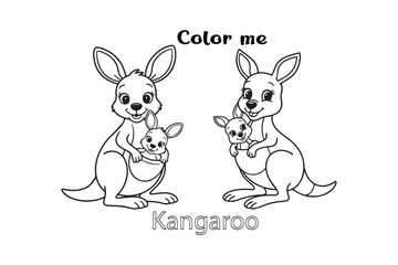 Cartoon Kangaroo with Baby Joey in Pouch – Cute Animal Line Art Illustration
