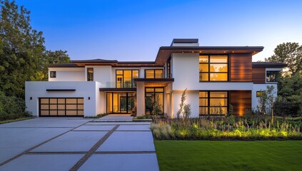 A beautiful modern house with a driveway and garden, front view, photorealistic, during the golden hour, against a blue sky.