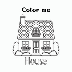 Cute Cartoon House Coloring Page – Line Drawing with Roof Tiles and Flower Windows