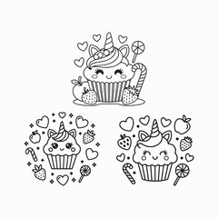 Cute Unicorn Cupcake Coloring Page – Kawaii Line Art with Sweets and Smiling Face