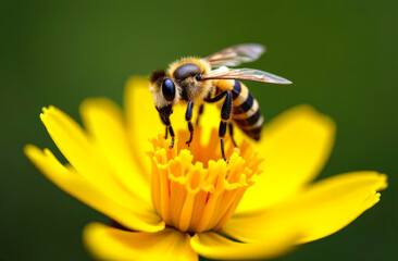 Honey bee collecting pollen on one yellow flower. Collecting nectar. Hardworking collective insect. Green blurred background. Macro. Close-up. Copy space for text.