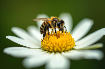 Honey bee collecting pollen on one chamomile. Collecting nectar. Hardworking collective insect. Yellow and white chamomile flower. Blurred background. Macro. Close-up. Copy space for text.