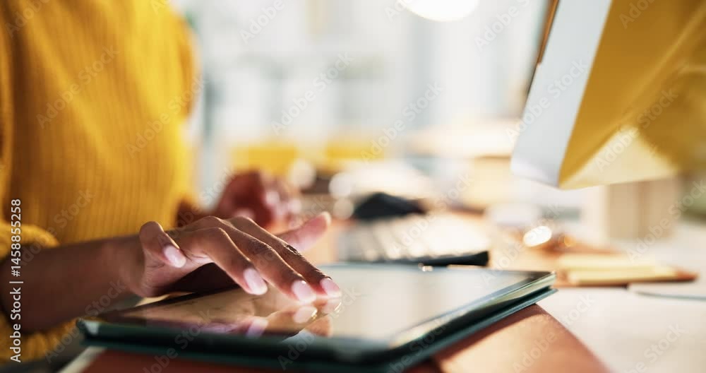 Aufkleber person, hands and web designer with tablet for creative development, research or digital design at o
