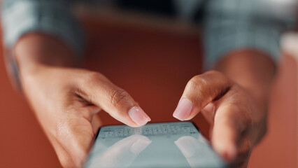 Business woman, hands and typing on phone screen with internet connection for networking communication. Employee, person and technology closeup for email, search and planning online with ui or ux