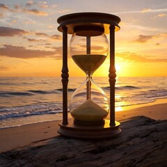 Hourglass on Driftwood at Sunset &ndash; Symbolizing Time and Tranquility on a Serene Beach