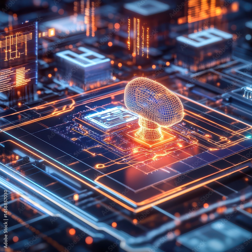 Poster emerging human-ai integration virtual tech lab digital artwork futuristic environment aerial view hy