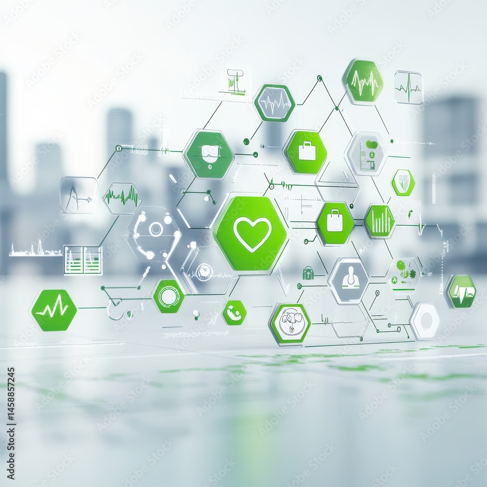 Poster health data visualization with hyperrealistic background in urban environment infographic style giga