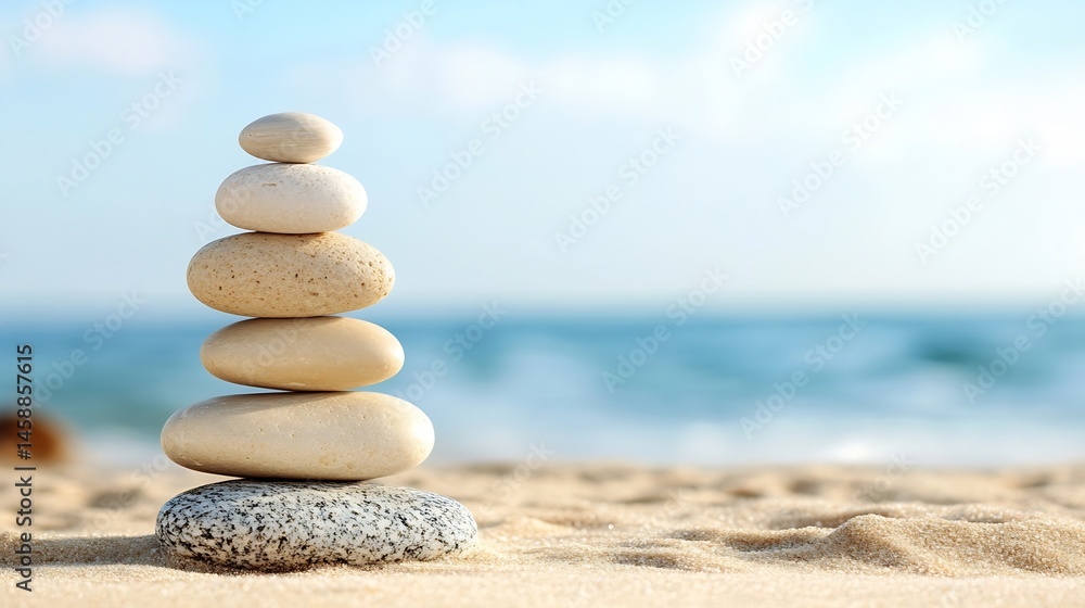 Poster serene beach scene featuring a balanced stack of smooth, light-colored stones on golden sand, with a