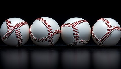 Four baseballs aligned, reflecting on dark surface