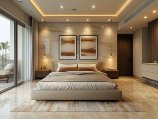 Luxury bedroom suite, city view, marble walls, relaxing atmosphere, interior design
