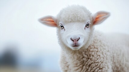 Fototapeta premium Adorable white lamb, fluffy fleece, innocent gaze, springtime pasture, soft wool, farm animal, nature scene, peaceful countryside, delicate features, curious expression, close-up portr : Generative AI