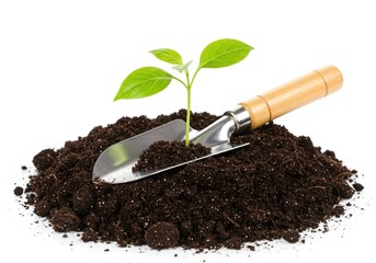 New plant growing from soil with a trowel on a white background, symbolizing growth and new beginnings