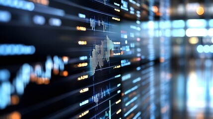Abstract digital stock market data visualization showing dynamic financial charts and graphs on a screen, with blurred city lights in the background. : Generative AI