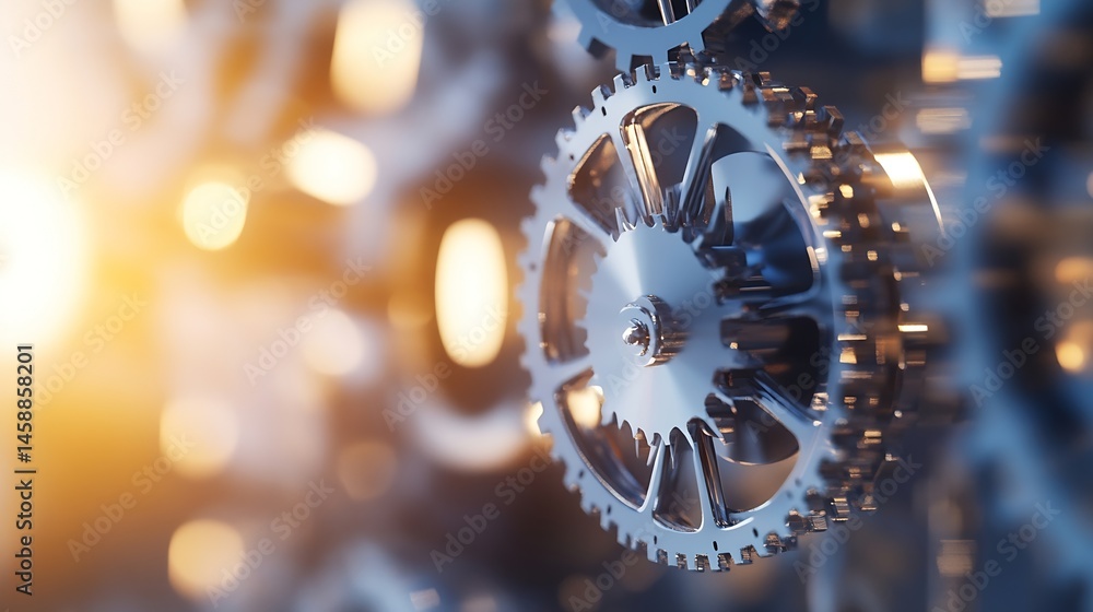 Poster Close-up of intricate metallic gears intermeshing, showcasing precision engineering and complex machinery in warm, golden light. : Generative AI
