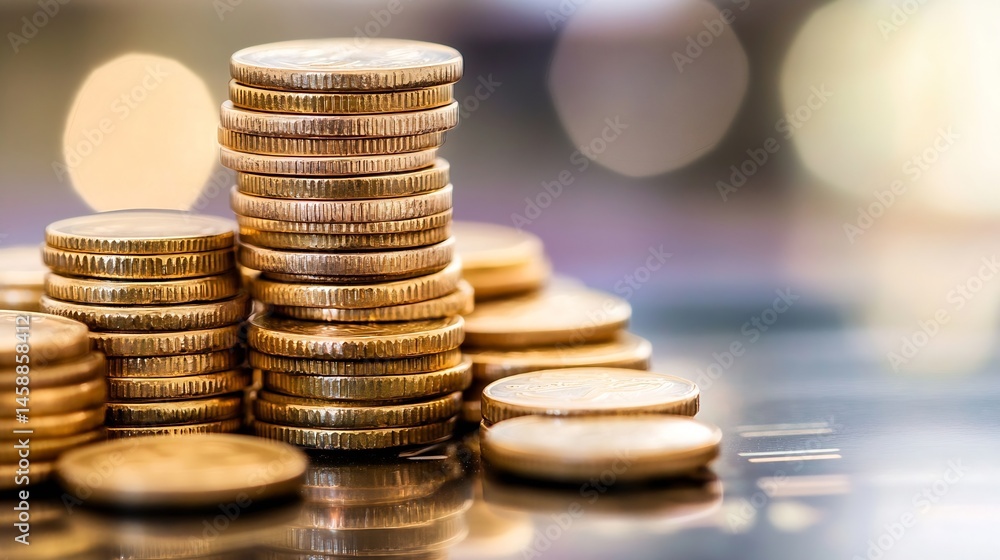 Leinwandbilder close-up view of several stacks of gold coins, reflecting on a dark surface with a blurred backgroun