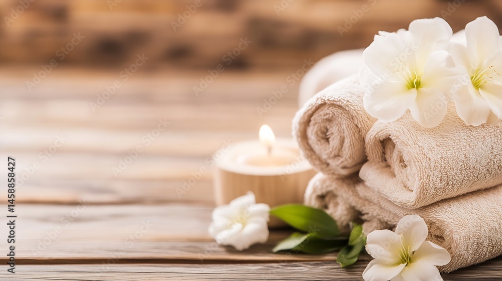 Poster spa serenity: beige towels neatly stacked, adorned with delicate white flowers and a softly glowing 