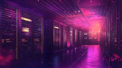Fototapeta premium Futuristic server room pink purple neon glow data center corridor