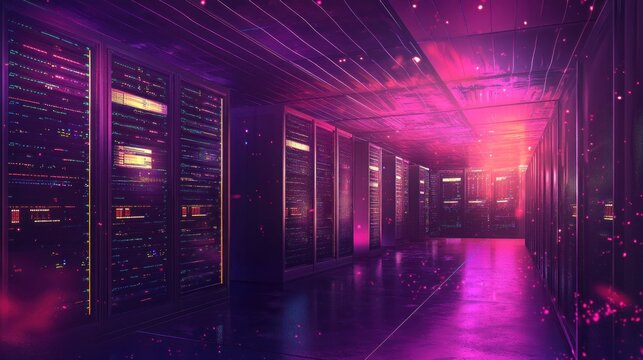 Futuristic server room pink purple neon glow data center corridor