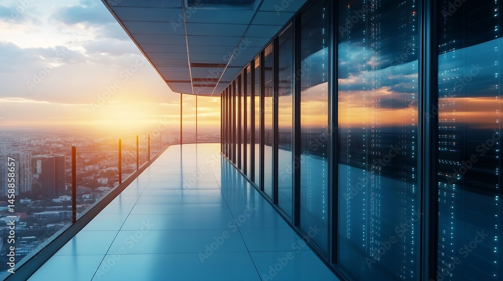 Poster Modern cityscape sunset view from a skyscraper balcony, showcasing a server room through large glass windows.  The sleek design and panoramic vista create a sense of technological adva : Generative AI