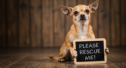 Small Brown Dog Holding A Please Rescue Me Sign Against A Dark Background
