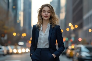 Fototapeta premium Confident businesswoman walking in a city at sunset, wearing a navy blue suit.
