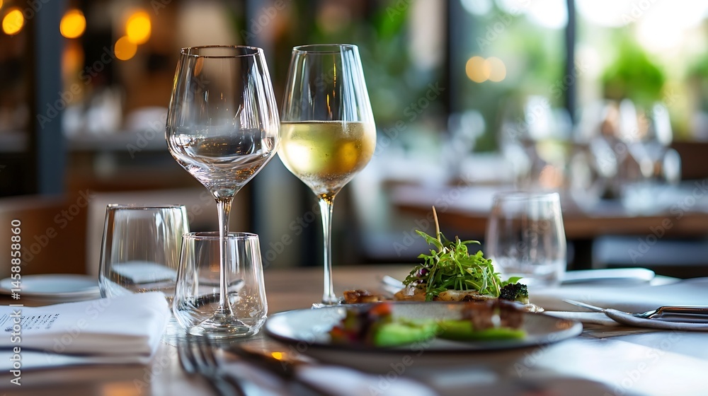 Poster elegant restaurant table setting with two glasses of white wine and a gourmet appetizer, showcasing 