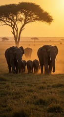 Fototapeta premium African Elephant Family at Sunset in the Savanna