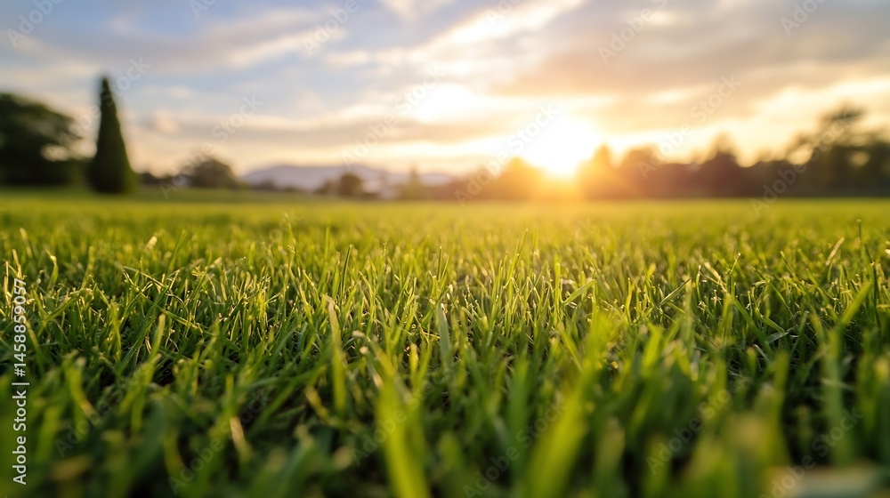 Fototapete Close-up view of vibrant green grass illuminated by the warm glow of a setting sun, with a softly blurred background of trees and a partly cloudy sky. : Generative AI