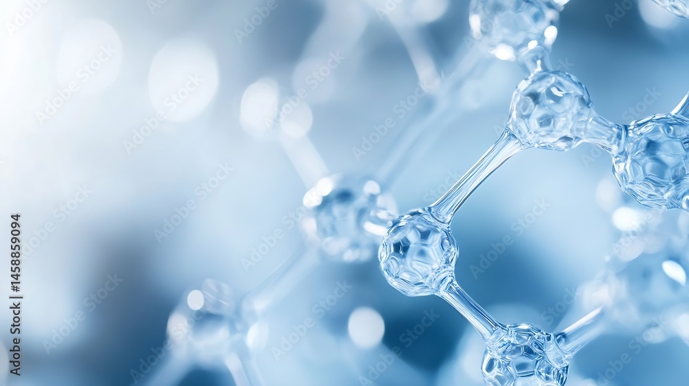 Leinwandbilder Abstract 3D rendering of a molecule structure, showcasing interconnected crystalline nodes and bonds against a soft blue bokeh background.  Ideal for science, technology, or medical co : Generative AI
