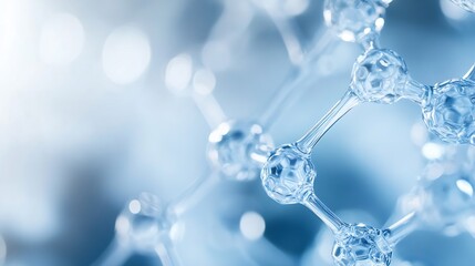 Fototapeta na wymiar Abstract 3D rendering of a molecule structure, showcasing interconnected crystalline nodes and bonds against a soft blue bokeh background. Ideal for science, technology, or medical co : Generative AI