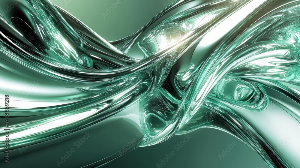 Aufkleber Abstract Shiny Metallic Fiber Background with Modern 3D Rendering, Reflective Surface and Flowing Wave Design in Mint Green and White Color