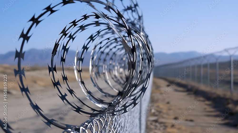 Aufkleber close-up view of razor wire coiled atop a chain link fence, extending towards a blurred desert lands
