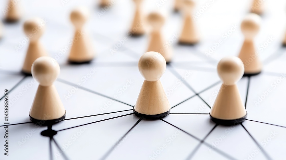 Poster Network connection concept: Beige wooden pegs linked by black lines on a white surface, illustrating interconnectedness and communication. : Generative AI