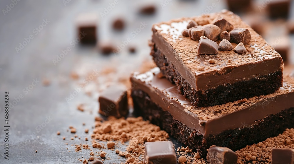Poster two decadent chocolate brownies, layered and dusted with cocoa powder, are presented with chocolate 