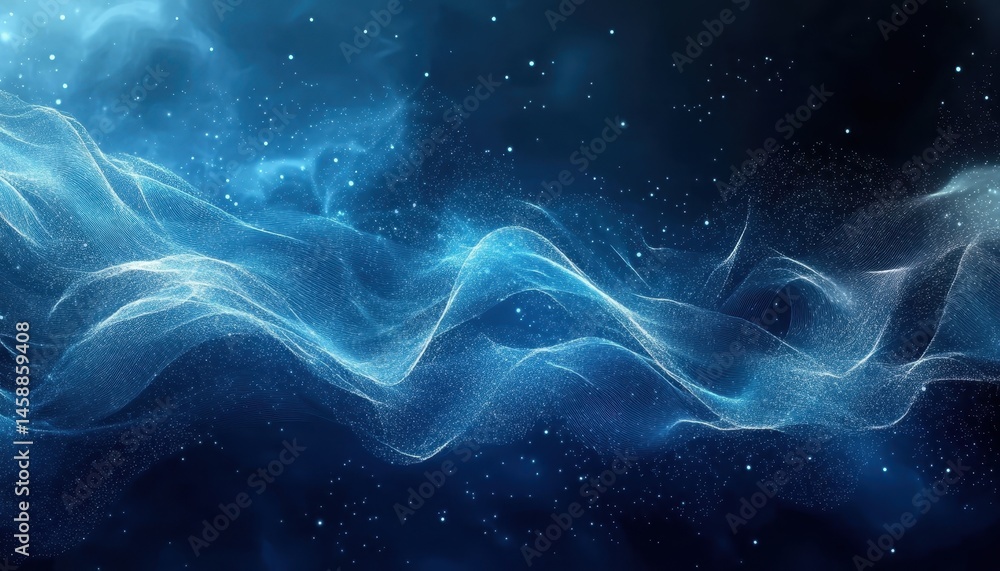 Leinwandbilder Abstract Swirling Blue Particles on Dark Background with Dynamic Motion and Luminous Light Sparkling Dots Futuristic Wave Energy