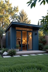 Compact Backyard Workspace: Modern Standalone Office Shed with Clever Design, Large Windows Revealing Functional Interior