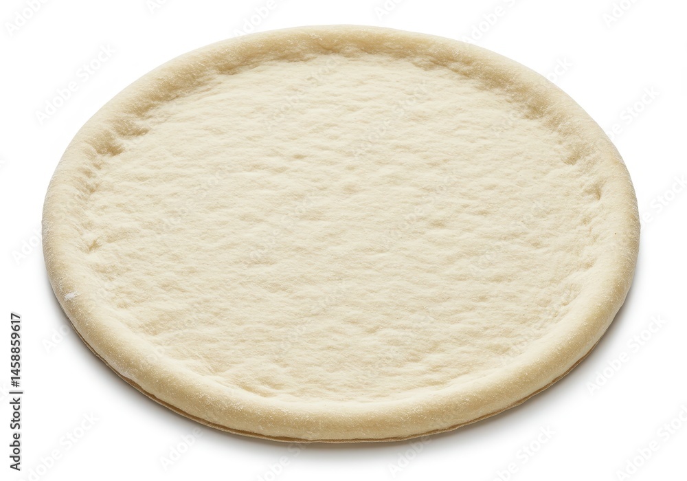 Poster plain pizza dough base ready to be topped, showing the round shape and raised edge on a white backgr