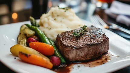 A beautifully plated steak dinner with a side of mashed potatoes and vegetables