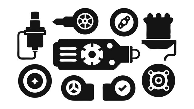 Engine diagnostics and turbocharger related icons ideal for mechanic services automotive workshops and vehicle repair technical visual assets in vector style