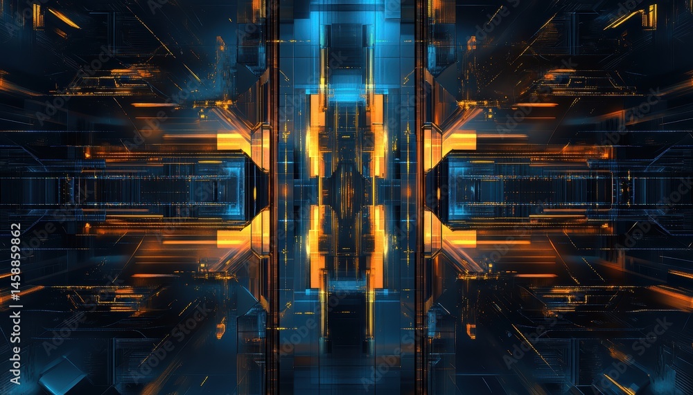 Poster abstract technological backdrop with glowing orange and blue light geometric pattern, futuristic bac