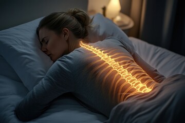 Woman sleeping with glowing spine overlay