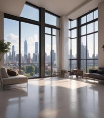 Obraz premium Modern apartment, panoramic city view from floor-to-ceiling window, interior design, downtown
