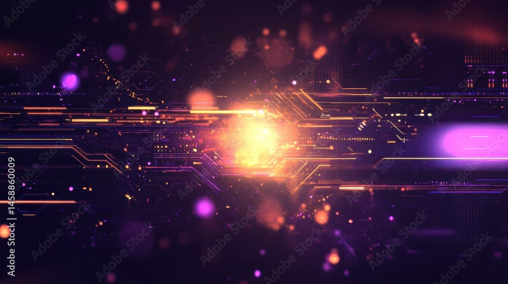 Aufkleber Abstract Technology Background with Glowing Lines and Futuristic Design Purple and Orange Data Stream Visualization Represents Digital Connection and Artificial Intelligence System