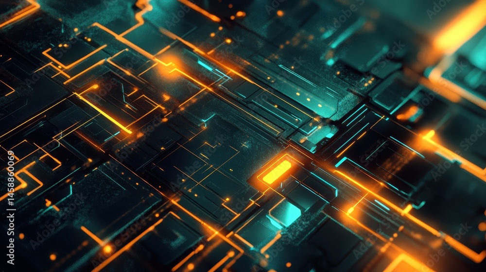 Aufkleber Abstract Technology Circuit Board with Glowing Lines in Teal and Orange Futuristic Background Digital Network Structure for Innovation Communication