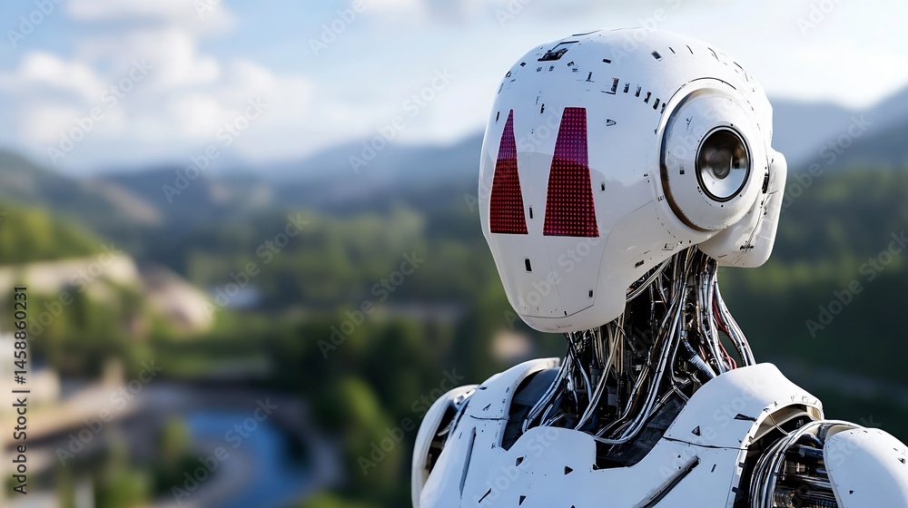 Poster close-up view of a futuristic white robot's head and neck, intricate wiring visible against a blurre