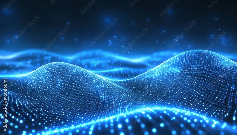 Poster Abstract Wavy Background of Blue Glowing Particles Digital Texture Futuristic Network Data Connection and Dynamic Design Element Presentation Backdrop