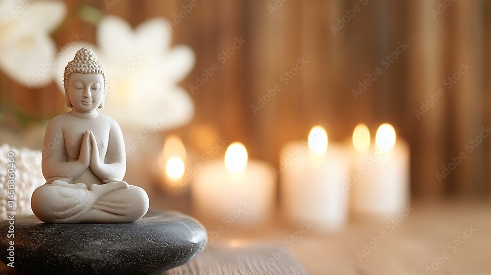 Poster serene buddha statue meditating on a smooth grey stone, surrounded by soft white flowers and warm ca