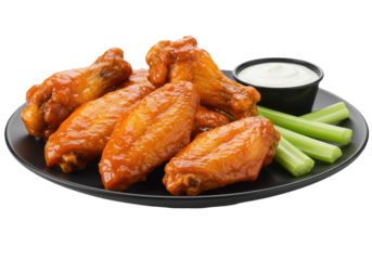 Fiery Feast Buffalo wings glisten on a sleek black plate beside crisp celery and a creamy dip set against an intense black backdrop